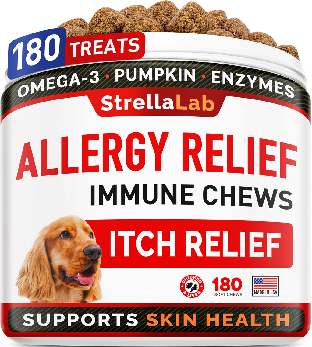 StrellaLab Dog Allergy Relief & Anti Itch Support Chews w/Omega 3: Real Ingredients, Real Taste! Skin & Coat Immune Supplement w/Fish Oil, Pumpkin & Enzymes — Developed by Experts - Made in USA -180Ct Chicken & Liver 180Ct (ITCH Relief)