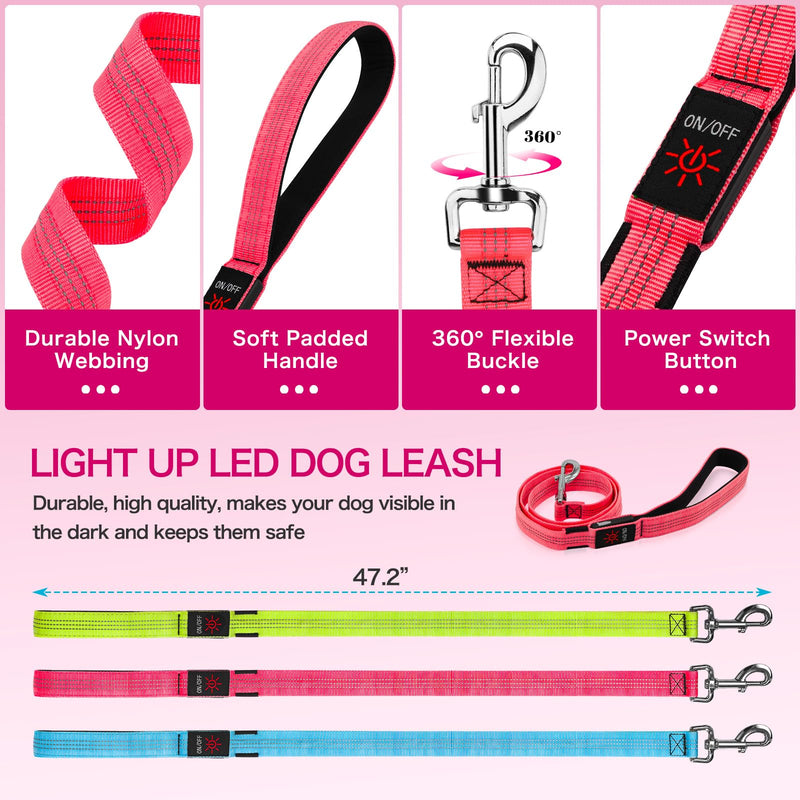 Weesiber Light Up Dog Leash, 4ft LED Dog Leash Rechargeable Puppy Lead Waterproof Safety Glow in The Dark Pet Lights for Night Walking (Pink) Pink - PawsPlanet Australia
