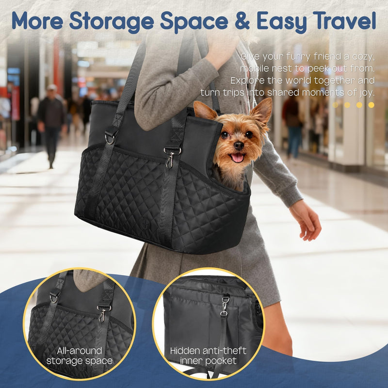 YUDODO 4-12lbs Dog Purse Carrier, Lightweight Small Dog Carrier with Large Pockets & Safety Clip, Collapsible Pet Travel Carrier Puppy Cat Rabbit, Black