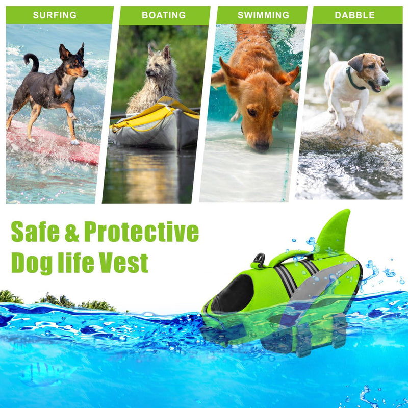 Mosucoirl Dog Life Jacket High Flotation,Shark Dog Lifesavers Floats Coat High Visibility Reflective Pet Safety Vest Swimsuits Small Medium Large Dog Life Vest for Swimming Boating Surfing Kayaking Green - PawsPlanet Australia