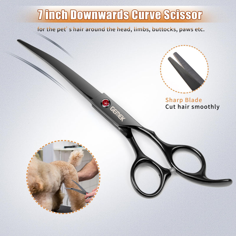 7.0in Titanium Professional Dog Grooming Scissors Set, GEMEK 6 in 1 Straight & Thinning & Upwards Curved & Downwards Curved Scissors & Comb for Dogs, Cats and Other Animals Black 7inch - PawsPlanet Australia