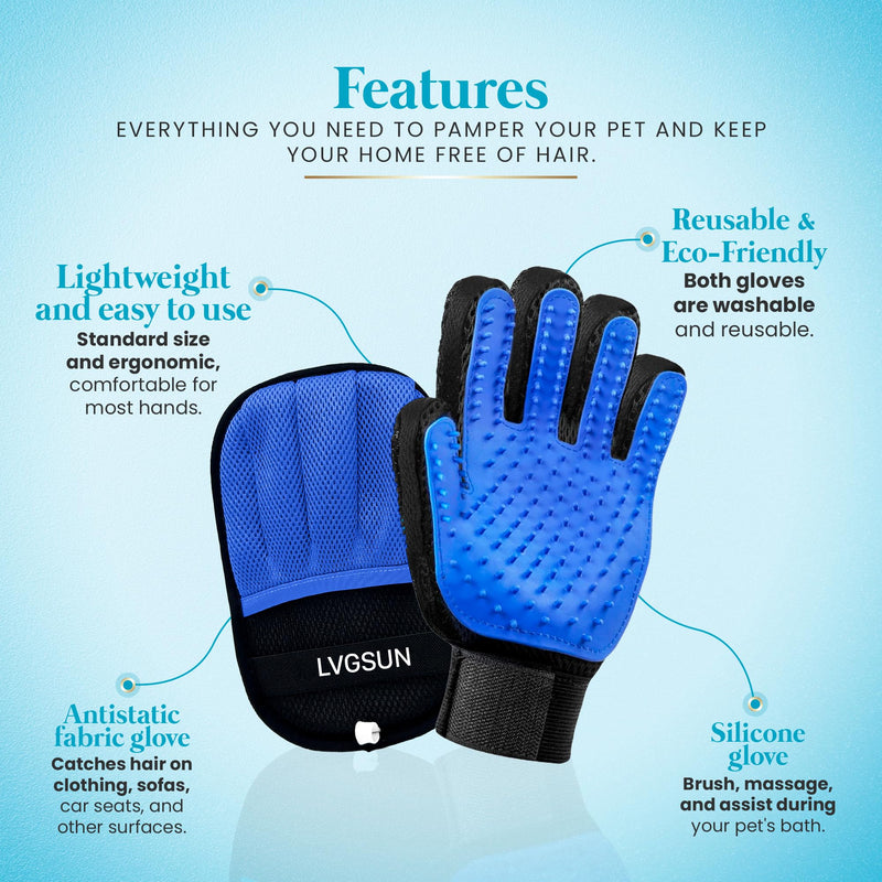 Pet Hair Remover Gloves System – 3-in-1 Set: 2 Grooming Mitts + 1 Reusable Pad for Dogs, Cats & Horses – Professional Shedding Brush for Long & Short Hair