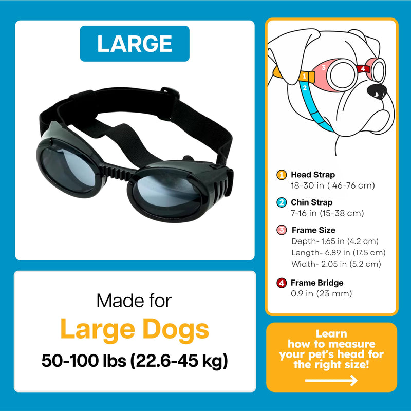 PetSpex® Dog Sunglasses for Large Breeds, Pet Goggles with UV Protection, Windproof Water Resistant Pet Glasses with Adjustable Head and Chin Straps for Outdoor Adventures, Large, Black Black Frame - PawsPlanet Australia