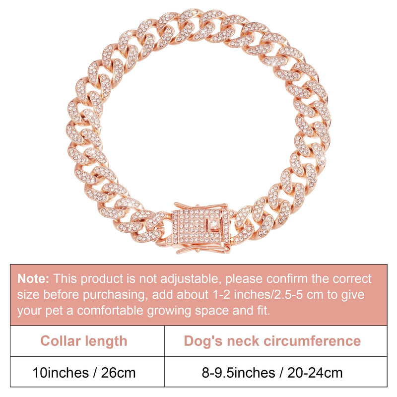 Dog Chain Cuban Diamond Link Rose Gold Pink Crystal Collar Jewelry Accessories Pet Necklace with Walking Metal Collar Design Secure Buckle for Dogs and Cats (10 Inches) 10 Inches - PawsPlanet Australia