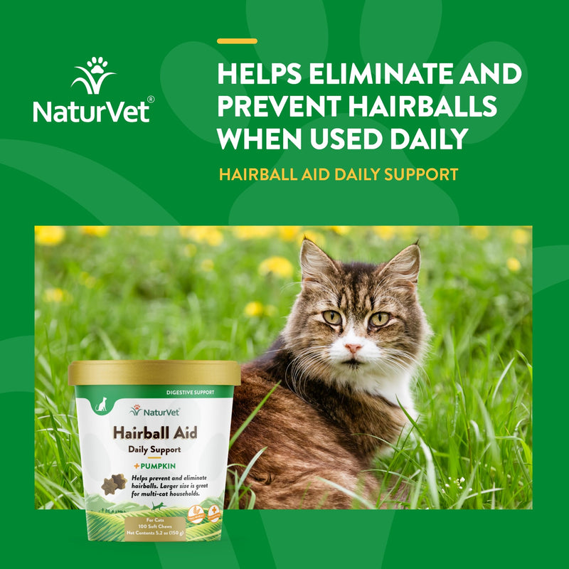 NaturVet – Hairball Aid Supplement for Cats - Plus Pumpkin – Helps Eliminate & Prevent Hairballs – 100 Soft Chews