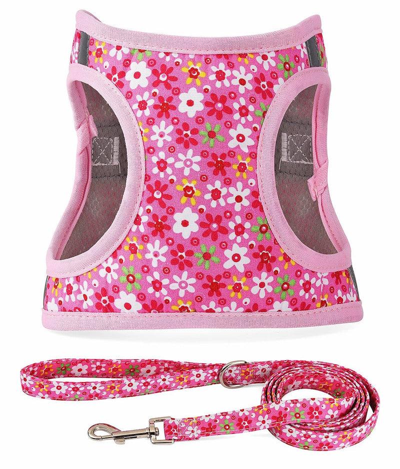 Moonpet Step in Dog Harness Leash Set- All Weather Reflective No-Pull Floral Pattern Padded Mesh Vest Harness for Cats Puppy Extra-Small Small Medium Large Dogs - Pink Flower - XS XS:neck 13.4’’-15.3’’,chest 15.7’’-18.5’’ - PawsPlanet Australia
