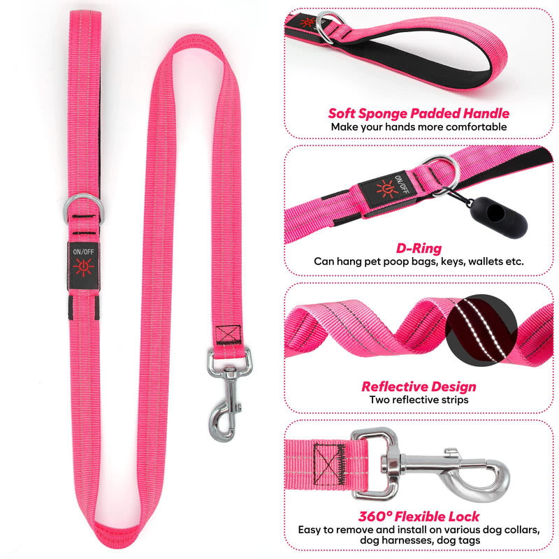 4 Ft Led Dog Leash, Rechargeable Light Up Dog Leash Waterproof, Safety Glow in The Dark Dog Leash for Night Walking, Nylon Reflective Leashes with Padded Handle for Small Medium Large Pets Pink