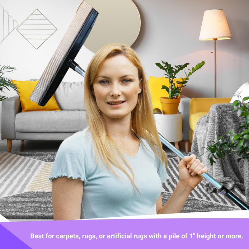 Room Groom PET Carpet Rake Groomer with Telescoping 54 " Adjustable Handle, with Lint Remover Brush Tool, Carpet Brush for Pet Hair and Refreshing Carpets, (Black/Purple) PET + Lint Tool - PawsPlanet Australia