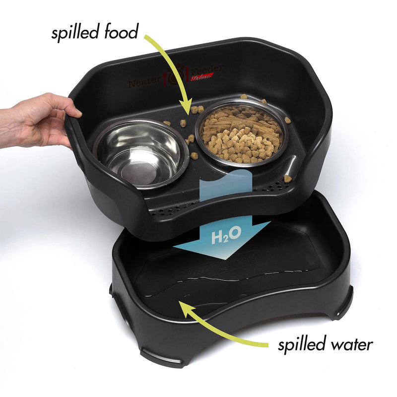 Neater Feeder Deluxe Mess Proof Cat Bowls Elevated for All Breeds – Made in USA – No Spill Raised Bowls for Indoor Cats – Stainless Steel Food and Water Bowl Set, Pet Dish Feeding Station, Black Cat with Standard Bowl Midnight Black