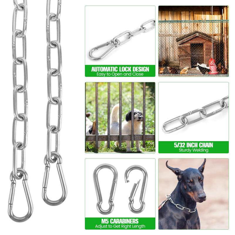 2 Pack Outdoor Gate Chain Lock with 4 Carabiners, Adjustable 5/32 x 28 Inch Security Gate Latch Chain, One Handed Operate Gate Chain for Fence Garden Yard Farm Barn, Silver - PawsPlanet Australia