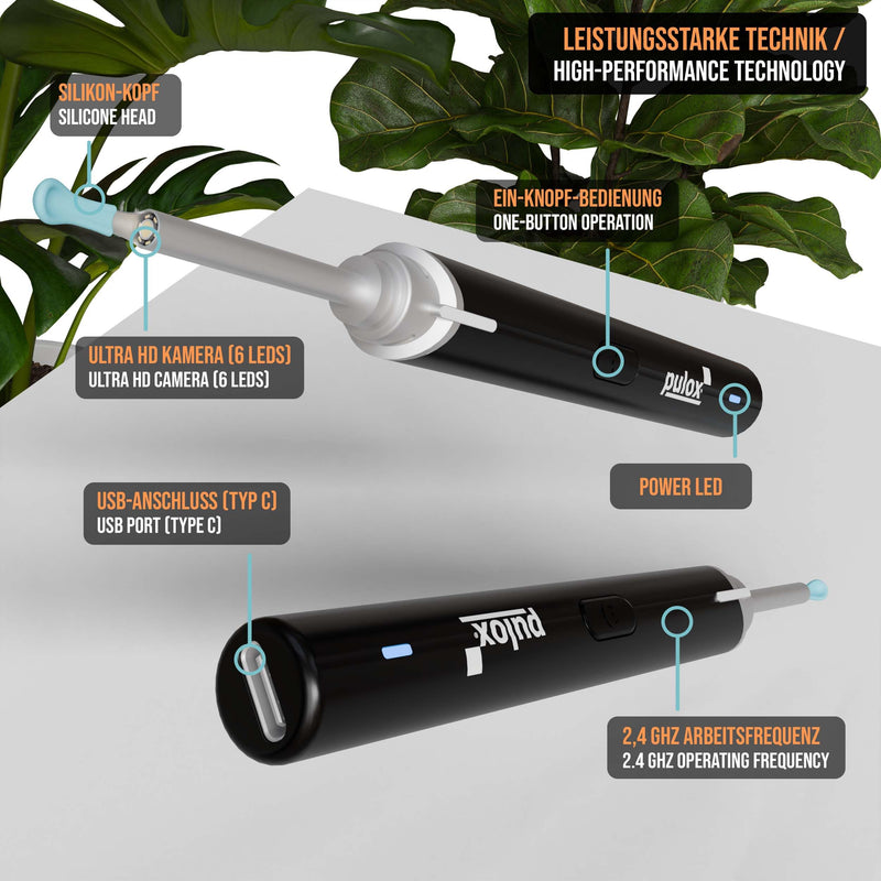 Pulox EC-95 Ear Cleaner with HD Camera, WiFi App & 6 Silicone Heads | Earwax remover with LEDs and live image transmission to your smartphone, precise and safe to use