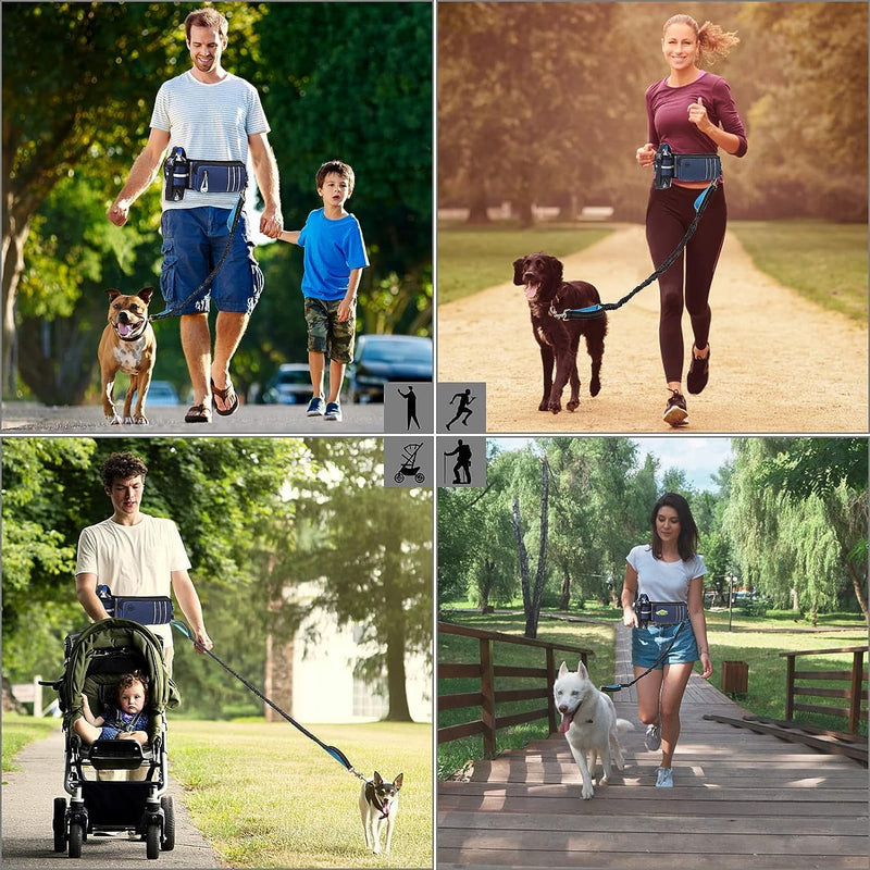 Hands Free Dog Leash with Waist Bag for Medium to Large Dogs, Dual-Handle Reflective Bungee Leash with Poop Bag Dispenser Pouch, Adjustable Waist Belt for Night Walking Jogging Hiking - PawsPlanet Australia