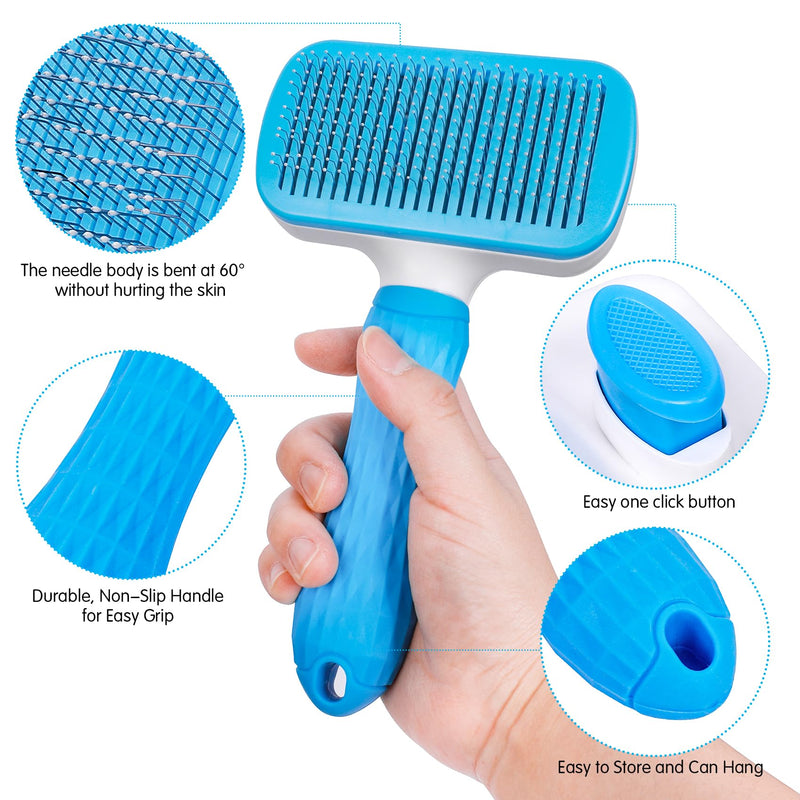 Dog & Cat Brush, Self Cleaning Slicker Brush for Pets, Upgraded Dog Brush for Shedding Massaging and Grooming, Removes Loose Undercoat & Portable Comb for Long Short Haired Dogs(Blue) Blue