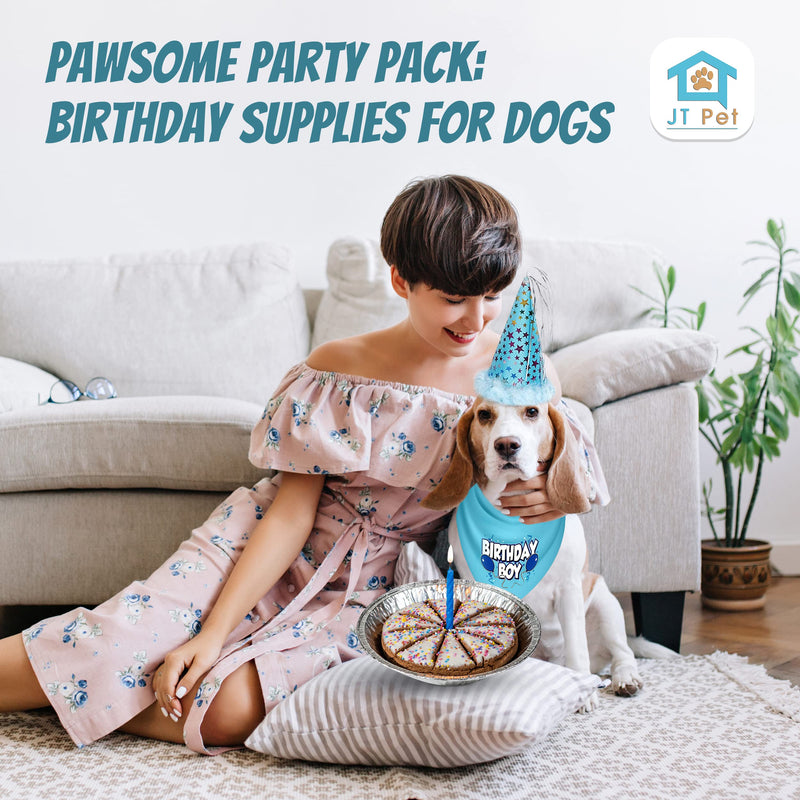 Dog Birthday Boy Party Pack with Bandana, Star Spangled Party Hat with Adjustable Elastic, Tassels and Feathery Trim, and Vegan Birthday Pie, Large Boy Dog Pie Bundle - PawsPlanet Australia