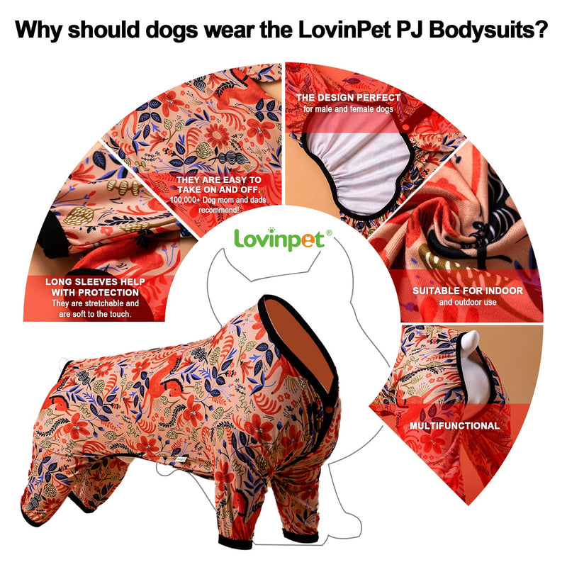 LovinPet Large Breed Dog Pajamas, Lightweight Pullover Full Coverage Dog Pjs, Pitbull Onesie, Happy Horse Coral Print, Pitbull Shirt, Pet Pajamas for Dogs, Pet PJ's, M Medium Black collar/Red update - PawsPlanet Australia