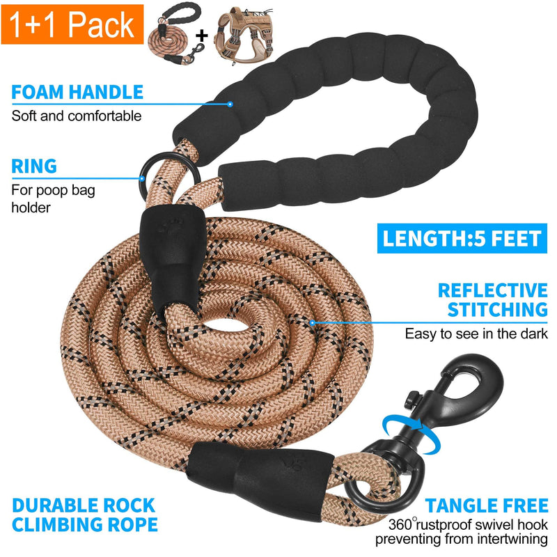 Heavy Duty Tactical Dog Harness for Medium Dogs, Brown, Molle System, Four-Point Adjustment, Anti-Lost ID Tag, Includes 5ft Leash - PawsPlanet Australia