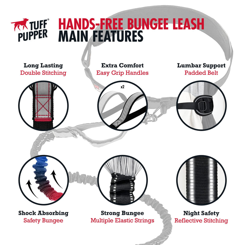 Tuff Pupper Heavy Duty Hands Free Dog Leash | One Large Dog Up to 125 lbs | Comfortable Shock Absorbing Bungee | Reflective Padded Handles | Lumbar Waist Belt 26-38" | Walking Jogging Running Leash One - Large Dog (45-125 pounds)