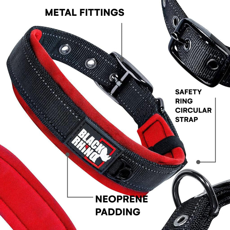 Black Rhino Dog Collars for Medium Dogs - Adjustable Reflective Heavy Duty Dog Collar with Ultra-Soft Neoprene Padding - Weatherproof, Durable, and Comfortable - Ideal for Active Dogs - Red and Black Red/Black - PawsPlanet Australia