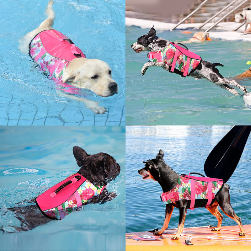 Mklhgty Hawaiian Dog Life Jacket - Adjustable Ripstop Vest with Rescue Handle for Swimming Boating, High-Flotation Safety Device for Small Medium Large Dogs (Floral Pink,S) Floral Pink - PawsPlanet Australia