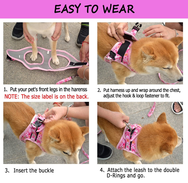 Moonpet Step in Dog Harness Leash Set- All Weather Reflective No-Pull Floral Pattern Padded Mesh Vest Harness for Cats Puppy Extra-Small Small Medium Large Dogs - Pink Flower - XS XS:neck 13.4’’-15.3’’,chest 15.7’’-18.5’’ - PawsPlanet Australia