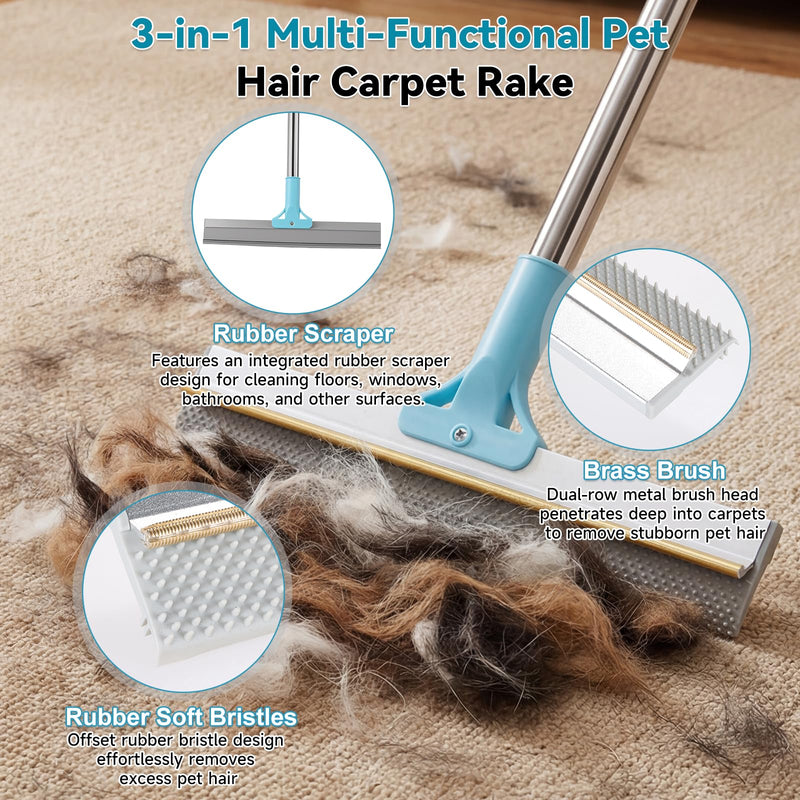 Carpet Rake for Pet Hair Removal Tool, Reusable Pet Hair Rake with 63” Adjustable Long Handle, Cat Dog Hair Remover Carpet Broom and Scraper, for Carpets, Rugs, Mats, Couch, Furniture, Car