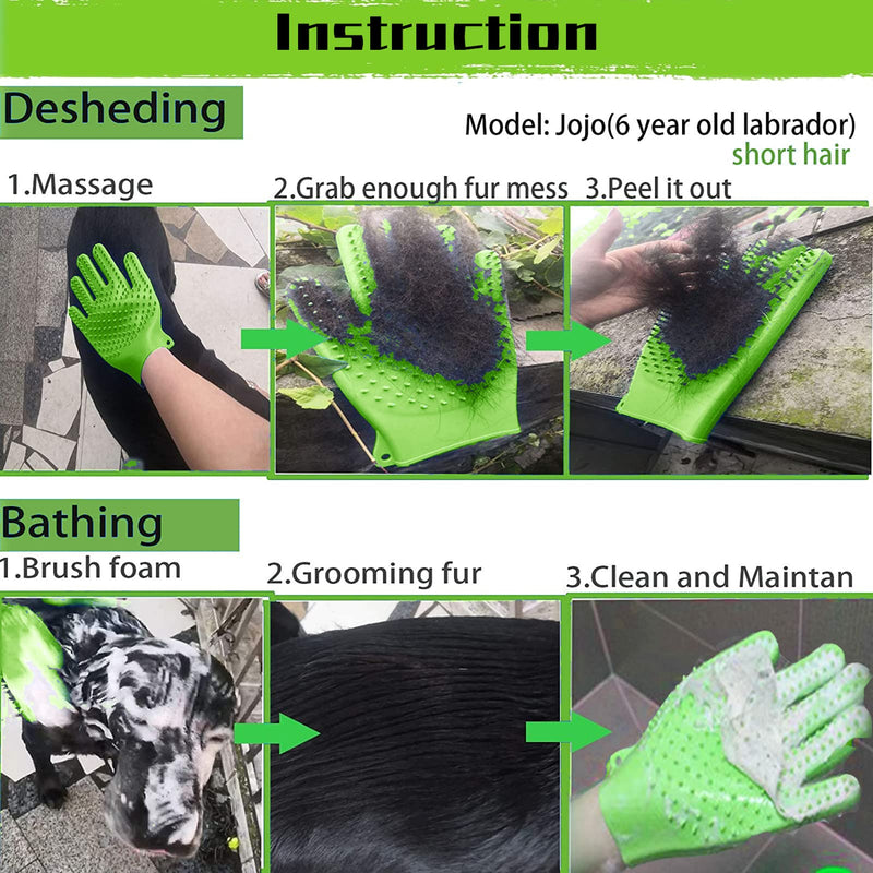 YOFANG Double-Side Pet Grooming Gloves, 4-in-1 Bathing Massage Hair Remover Brush, Anti-Slip Bite-Proof for Cat,Food Grade Silicone Deshedding Glove for Dogs Cats Horses Rabbits,Green-9" L (1 Pair) 9" L Green - PawsPlanet Australia