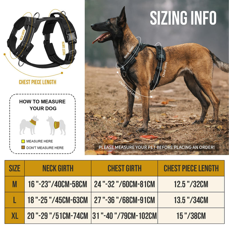 Onetigris Dog Harness Large Dog No Pull,Diesel Adjustable Tactical Harness Soft Padded Chest for medium and large dogs with Reflective, 1 Handle, 3 D-Rings(Black, M) Black M: 14-27kg (Neck: 40-58cm, Chest: 60-81cm) - PawsPlanet Australia