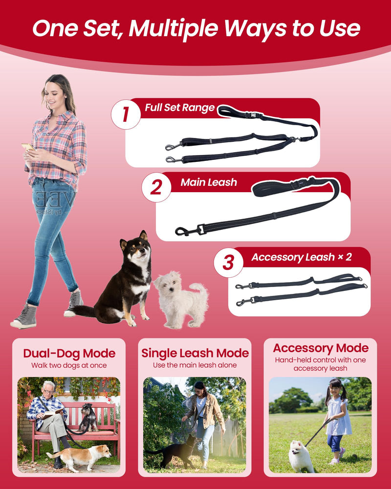 Double Dog Leash - Two Dog Leash No Tangle Design, 3-in-1 Adjustable Waist Belt for Two Dogs, Detachable Dual Leashes, Suitable for Dogs for Training, Running and Walking. Black - PawsPlanet Australia