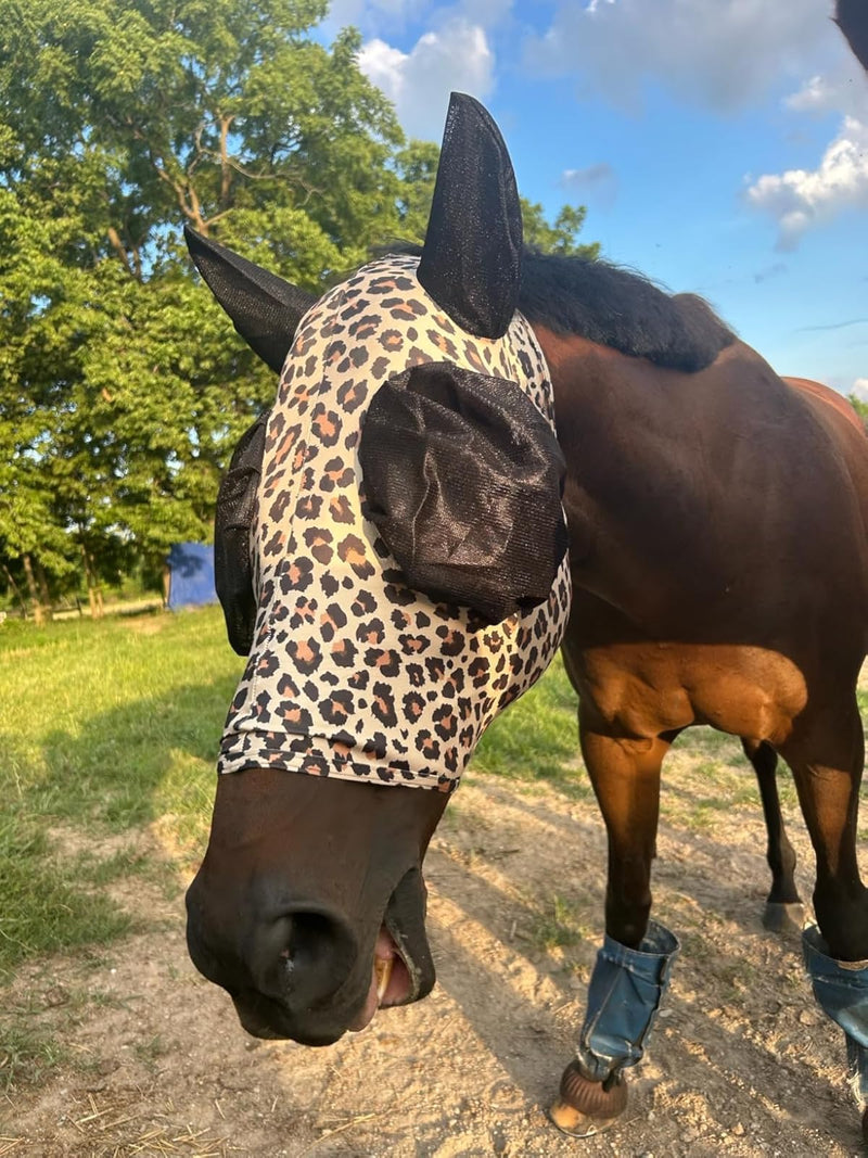 Stretchable UV-Blocking Equine Fly Mask with Moldable Ear Covers, Adjustable Comfort Mesh Straps, Leopard-Pattern Pasture & Trail Protection Perfectly Sized for Full Sized Horses - Leopard Print Large