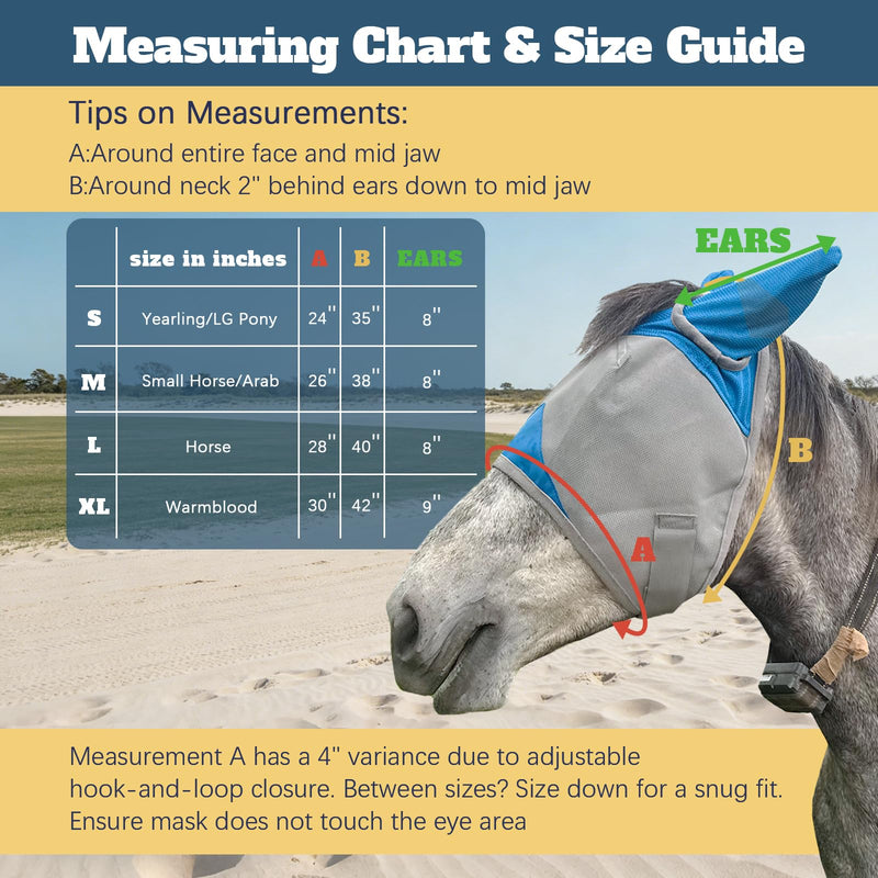 Horse Fly Mask with Ears, Breathable UV Protection Mesh, Large Eye Space No Rubbing, Soft Fleece Trim, Adjustable Comfort Fit, Lightweight Horse Mask for Summer Turnout (M) Medium