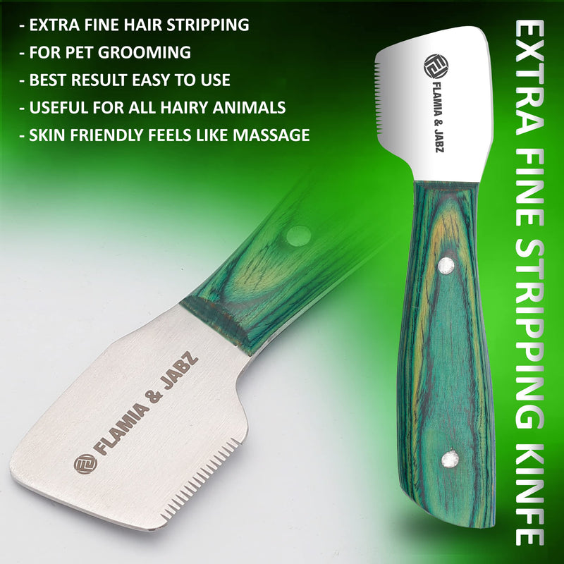 FLAMIA & JABZ Professional Stripping Knife kit (6 Pieces Set) for Dogs & Pets, Wooden Handle Grip with Stainless Steel Comb (Right Handed) (Green) Green - PawsPlanet Australia
