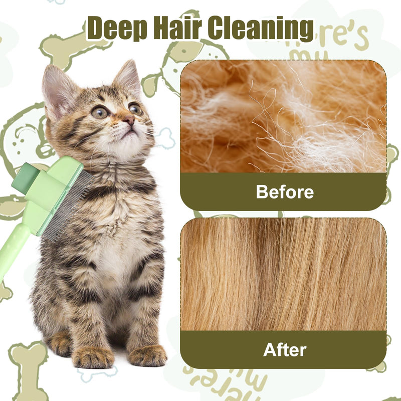 Pet Hair Clean Comb, Cat Hair Brush with Release Button Deshedding Cat Grooming Brush for Short & Long Hair Pet Dog Cleaning Loose & Knots Fur Cat Grooming Supplies(Green) - PawsPlanet Australia
