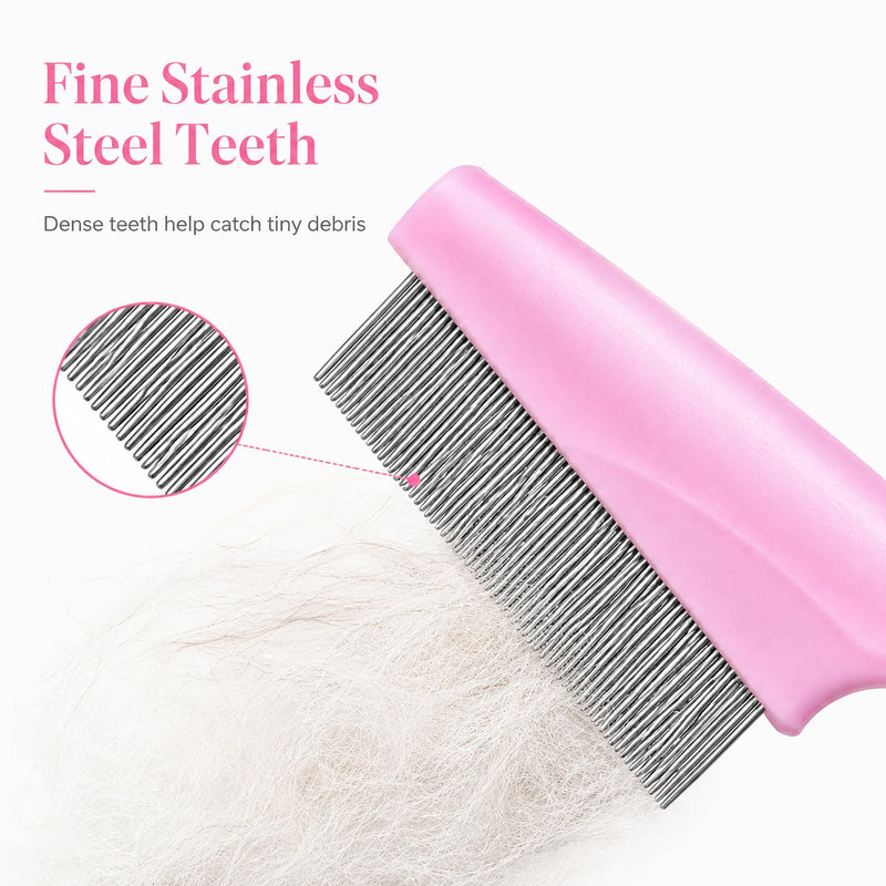 Flea Comb for Cats and Dogs, Small Pink Fine Tooth Pet Grooming Comb with Stainless Steel Teeth, Manual Pet Care Tool for Kittens, Puppies, Face, Eyes, Paws, Short Medium Coats