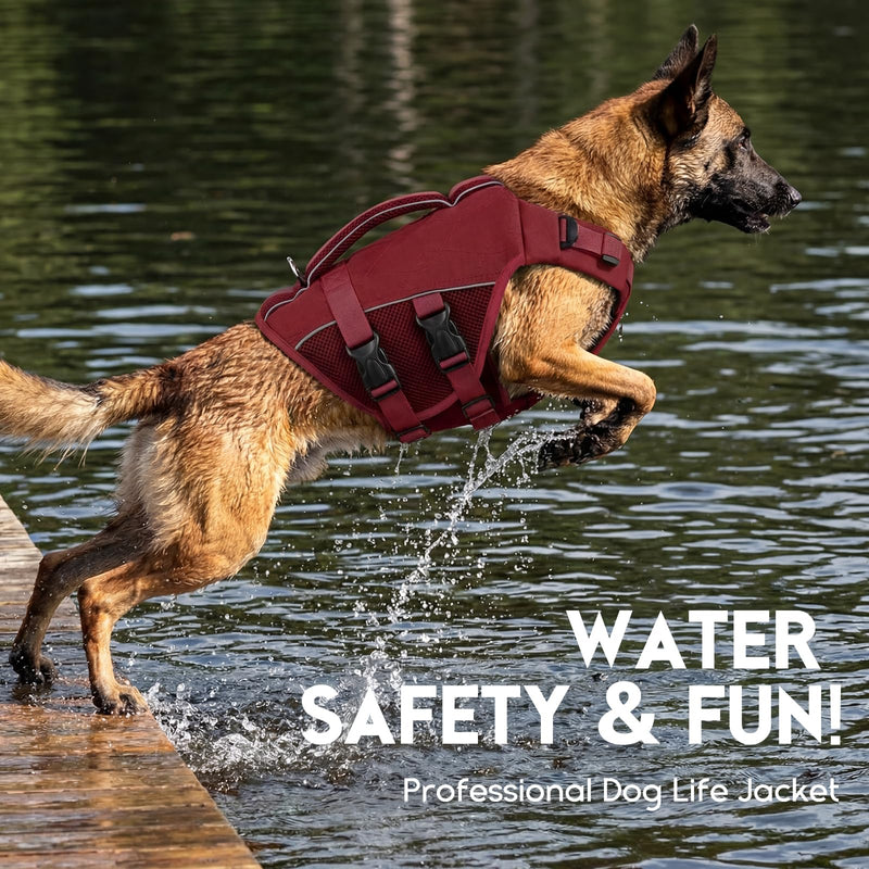 ASENKU Dog Life Jacket- High-Buoyancy Dogs Reflective Swimming Vest with Durable Handles for Small Medium Large Dogs - Pool, Beach, Boating(WineRed, L) Wine Red - PawsPlanet Australia