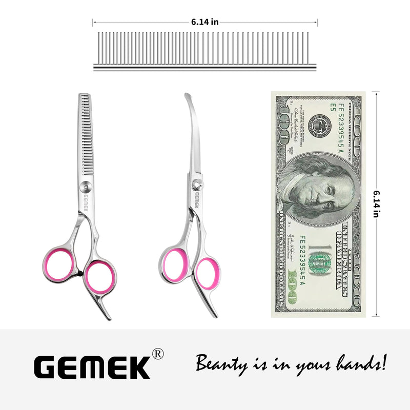 GEMEK Dog Grooming Scissors with Safety Round Tips Stainless Steel Professional Dog Grooming Kit - Thinning, Curved Scissors and Comb for Cat Pet (Pink 4 in 1) Pink 4 in 1 - PawsPlanet Australia