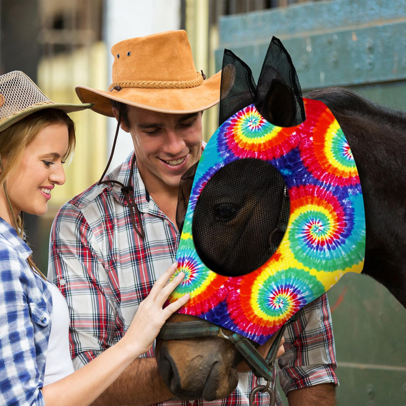 Frienda 4 Pcs 4th of July Horse Fly Masks with Ears Face Covering UV Protection from Insect Pests Elasticity Smooth Comfortable Mesh Horse Mask Accessories(Tie-dye,Large) Tie-dye Large