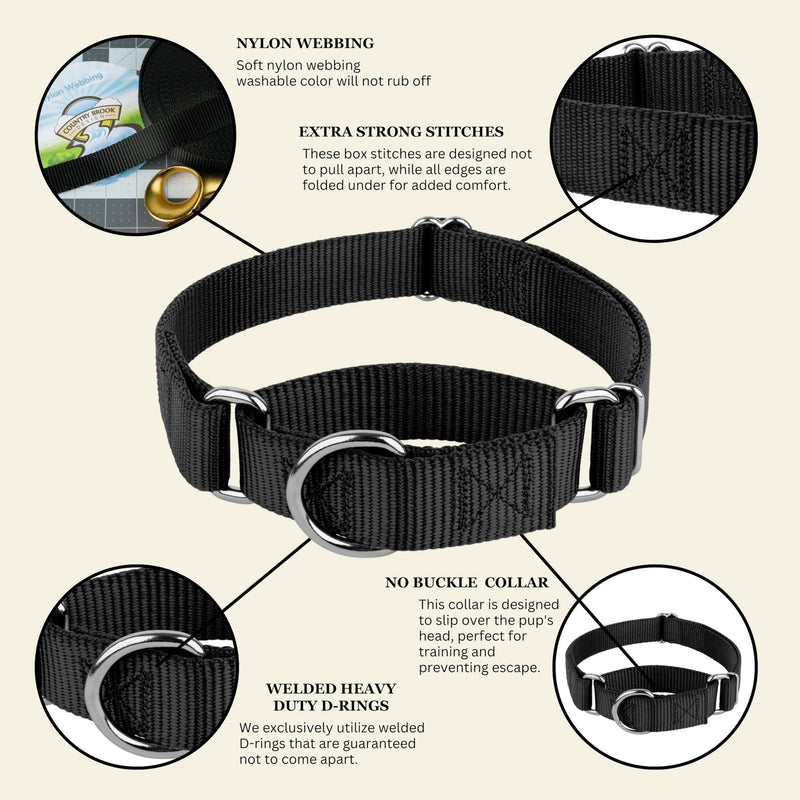 Country Brook Petz - Martingale Dog Collar - Heavy-Duty Training Collar with No Buckle - Service Dog Collar for All Pups - 10+ Cool Colors (Black, 1 Inch, Medium) Medium (Pack of 1) Black
