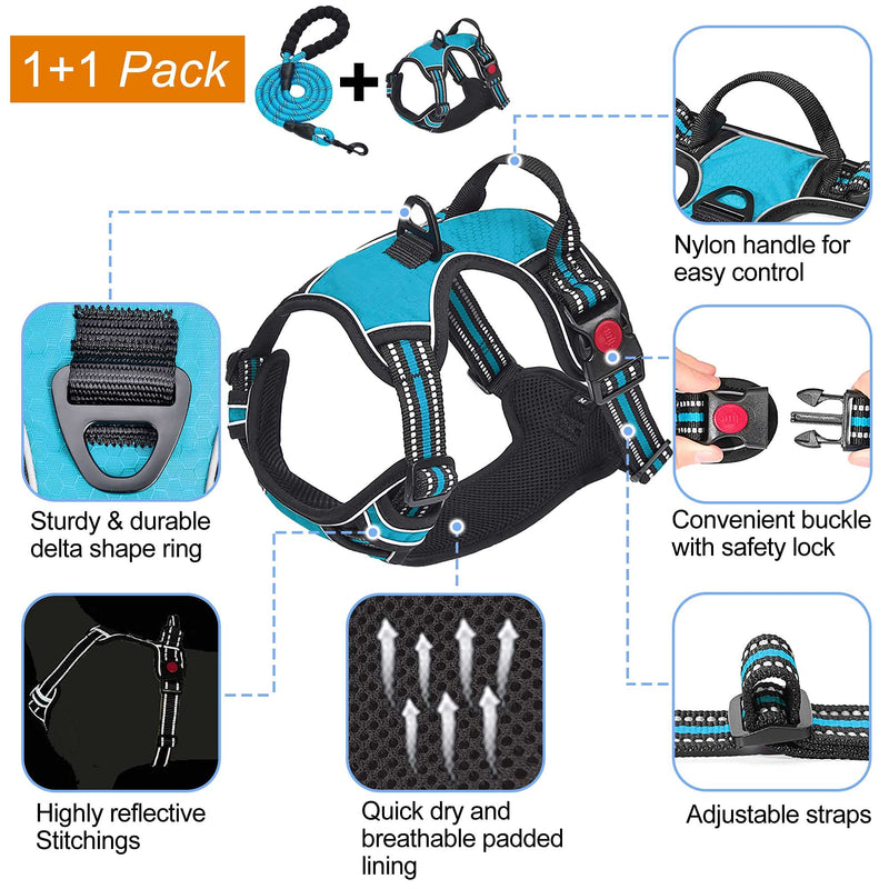 haapaw No Pull Dog Harness Adjustable Reflective Oxford Easy Control Medium Large Dog Harness with a Free Heavy Duty Dog Lead S Blue, harness+lead
