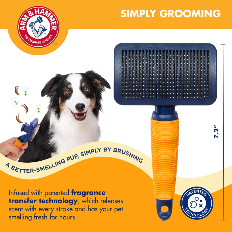 Arm & Hammer “Simply Calm” Dog Grooming Slicker Deodorizing Brush with Fragrance Transfer Technology – Scented Self-cleaning for Shedding, Scented for Dogs with Sweet Lily & Vanilla Scent Navy & Yellow Slicker Brush - Sweet Lily & Vanilla - PawsPlanet Australia