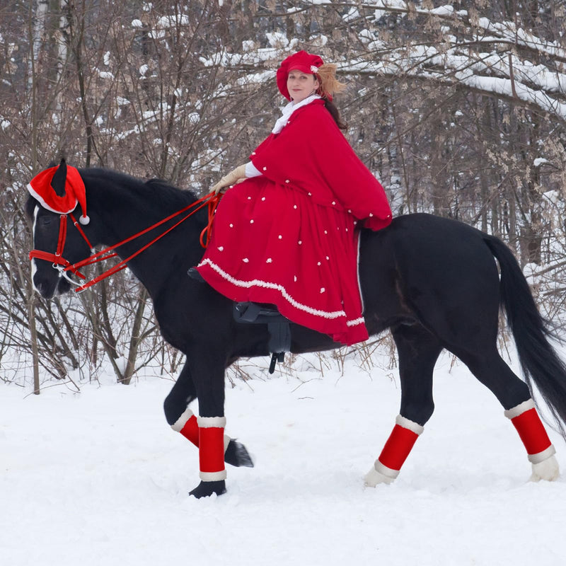 Paterr 6 Pcs Christmas Horse Accessory Includes 4 Pcs Leg Wraps with Faux Fur Trim Holiday Santa Hat Adjustable Nylon Halters for Christmas Horse Costume Accessories