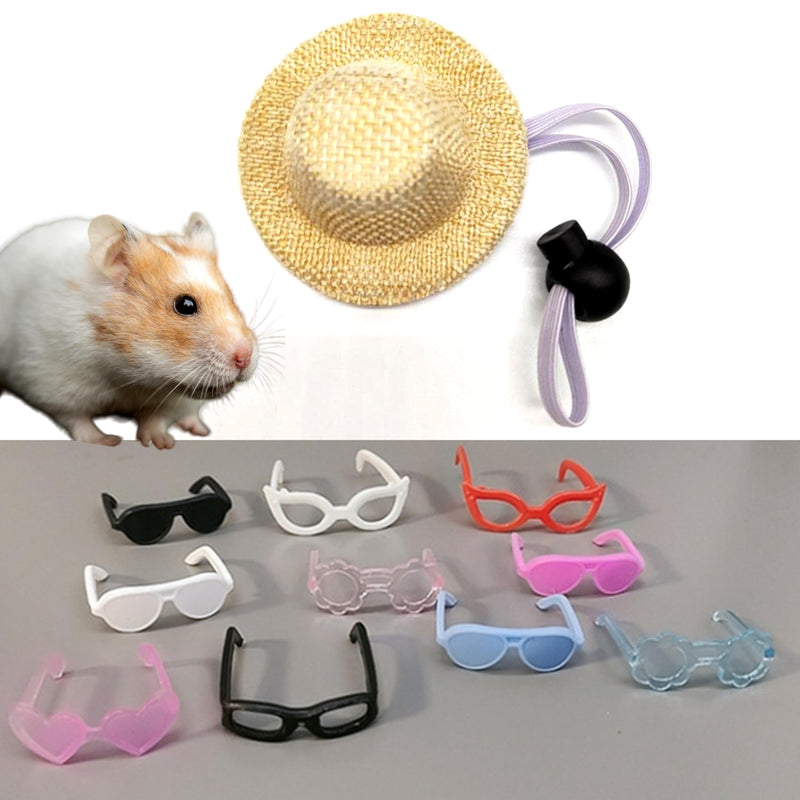 Cute Hamster Hat and 10 Pcs Sunglasses Set, Tiny Hat and Funny Eyeglasses for Hamsters Snake Lizard Guinea Pig Bearded Dragons, Small Pet Outfit Accessories Picnic Holiday Birthday Halloween (Beige) Beige