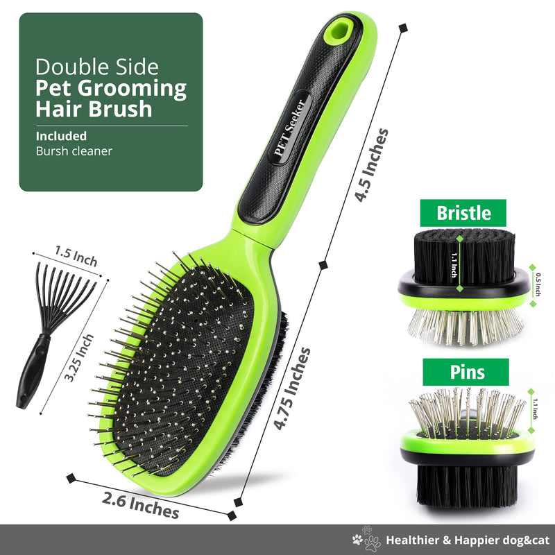 Double Sided Dog Brush, Grooming Brush with Rounded Pins & Bristles, Dog Brushes for Grooming with Anti Slip Handle & Free Cleaning Tool.