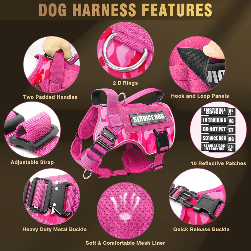 WINSEE Tactical Dog Harness for Medium Dog, Heavy Duty Service Working MOLLE Vest with 10 Pet Patches, 2X Metal Buckle Vest for Training Hunting Walking Camo Pink - PawsPlanet Australia