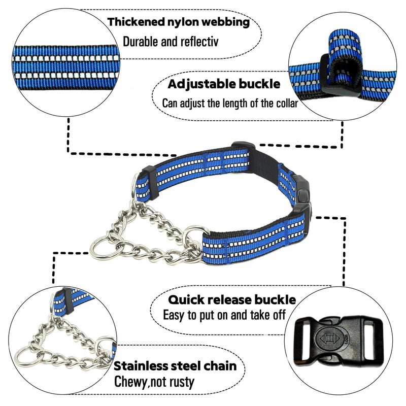 Martingale Dog Collars, Reflective Nylon Collar with Stainless Steel Chain, Adjustable Walking Training Dog Collars with Quick Release Buckle, Suitable for Small Medium Large Dogs(Blue,M) Medium-(dog's neck 13~16.5inches) Blue - PawsPlanet Australia