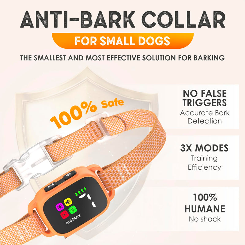 Tiny Bark Collar for Small Dogs 5-15 lbs and Puppies - No Shock Anti Barking Collar - Rechargeable Smart Collar for Dog Training with 7 Sensitivity Levels and 3 Beep&Vibration Modes (Pure Orange) Pure Orange