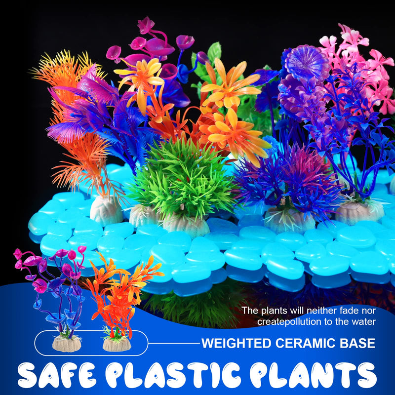 Jexine 100 Pcs Fish Tank Rocks Glow Blue, Fish Tank Stones Accessories Gravel with 10 Pack Artificial Aquatic Plants Fish Tank Plants Plastic Coral Reef Decorations for Aquariums - PawsPlanet Australia