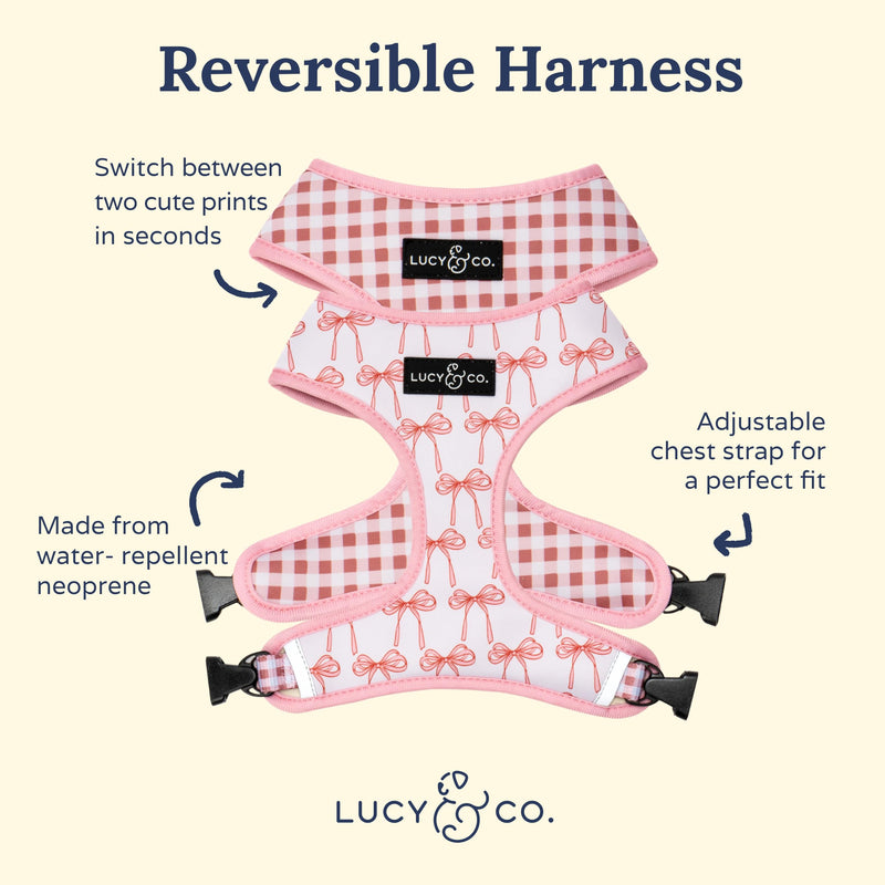 Lucy & Co. Cute Reversible Dog Harness Walking Halter - Best Designer Pet Harnesses for XS - XL Dogs - Padded Adjustable Vest for Easy Walking (Medium, Ballet Bows - White & Pink Bows) Medium The Take a Bow Dog Harness - PawsPlanet Australia