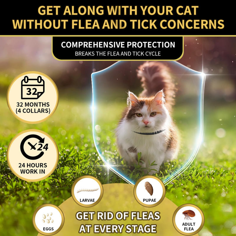 YOTANGO 4 Pack Flea Collar for Cats, 32 Months Flea and Tick Prevention for Cats, Waterproof Cat Fleas Collar, Cat Fleas and Ticks Treatment, Adjustable Tick Collars for Kittens-Black