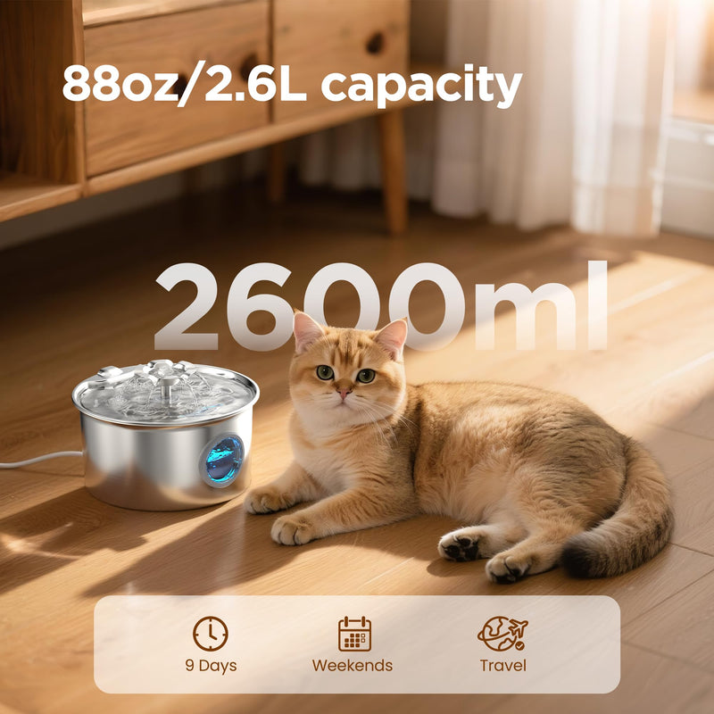 Stainless Steel Cat Water Fountain: 88oz/2.6L Ultra Quiet Pet Fountain with Flower Kitty Spout & LED Blue Light Water Dispenser with Water Level Window for Cats/Dogs Indoor (Silver) - IHOUONE cat Fountain + 1 Filters & 1 Sponges - PawsPlanet Australia