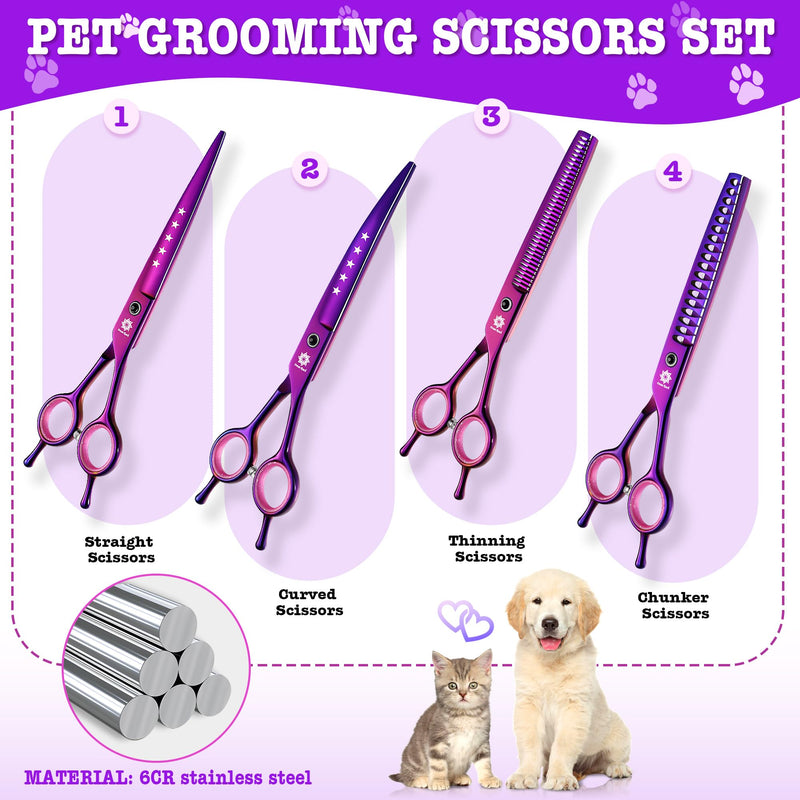 Dream Reach 7" Dog Grooming Scissors Kit, Professional 6 in 1 Dog Scissors Sharp and Durable Shears Set Thinning, Chunker, Straight, Curved Shears and Comb for Pet, Purple